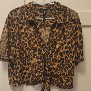 Leopard print sheer cropped blouse